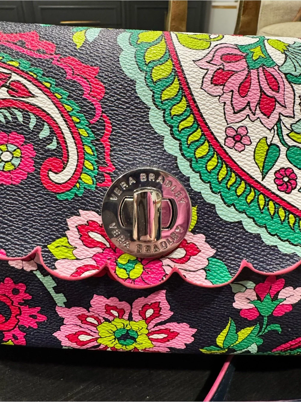 Vera Bradley Navy Floral Scalloped Crossbody with Pink & Green Accents